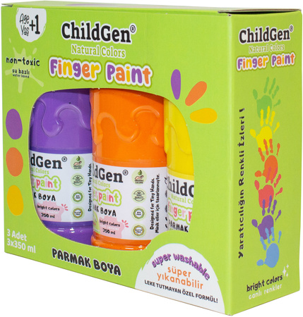 ChildGen, Łatwo zmywalne farby do malowania palcami, ŻÓŁTA POMARAŃCZOWA FIOLETOWA, 3x 350ml w butelce