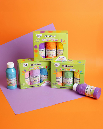 ChildGen, Łatwo zmywalne farby do malowania palcami, ŻÓŁTA POMARAŃCZOWA FIOLETOWA, 3x 350ml w butelce