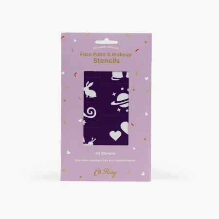 Oh Flossy, Kolorowe szablony do malowania twarzy wielokrotnego użytku – fioletowy zestaw (6 arkuszy)