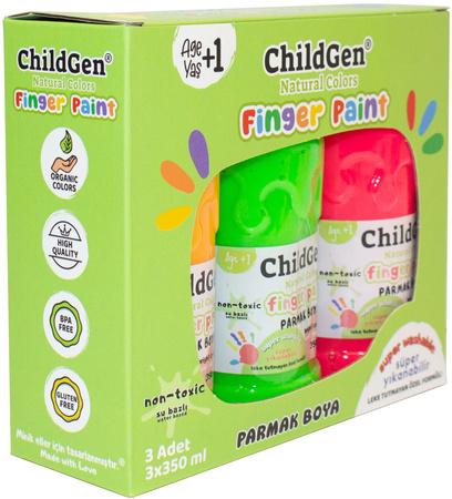 ChildGen, Łatwo zmywalne farby do malowania palcami, NEONOWE, POMARAŃCZOWA, ZIELONA, RÓŻOWA, 3x 350ml w butelce