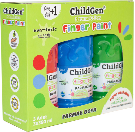 ChildGen, Łatwo zmywalne farby do malowania palcami, NIEBIESKA CZERWONA ZIELONA, 3x 350ml w butelce
