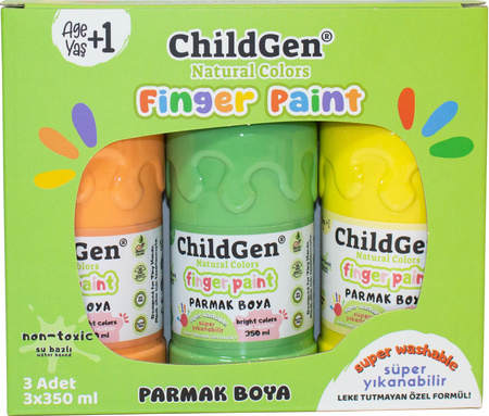 ChildGen, Łatwo zmywalne farby do malowania palcami, NEONOWE, POMARAŃCZOWA, ZIELONA, ŻÓŁTA, 3x 350ml w butelce