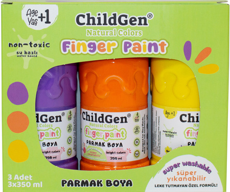 ChildGen, Łatwo zmywalne farby do malowania palcami, ŻÓŁTA POMARAŃCZOWA FIOLETOWA, 3x 350ml w butelce