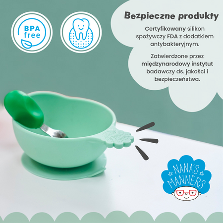 Nana's Manners GREEN Miska silikonowa z przyssawką i uchwytem